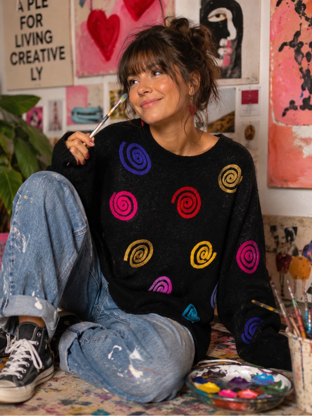 RARE Angora Rabbit Hair Sweater Embroidered Swirl Art SOFT Med 90’s Y2K